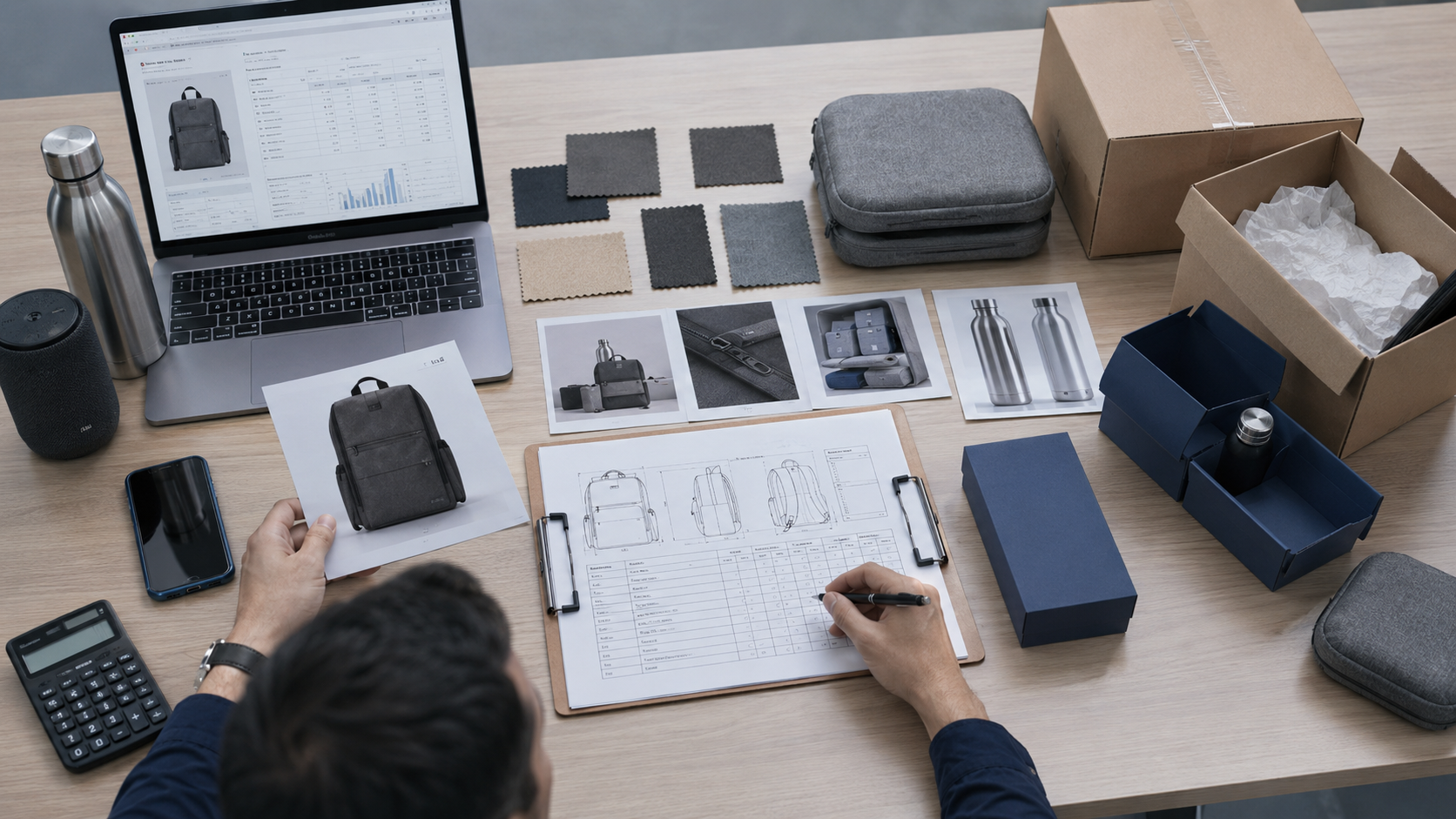 Product design workstation with reference material for sourcing inquiry preparation