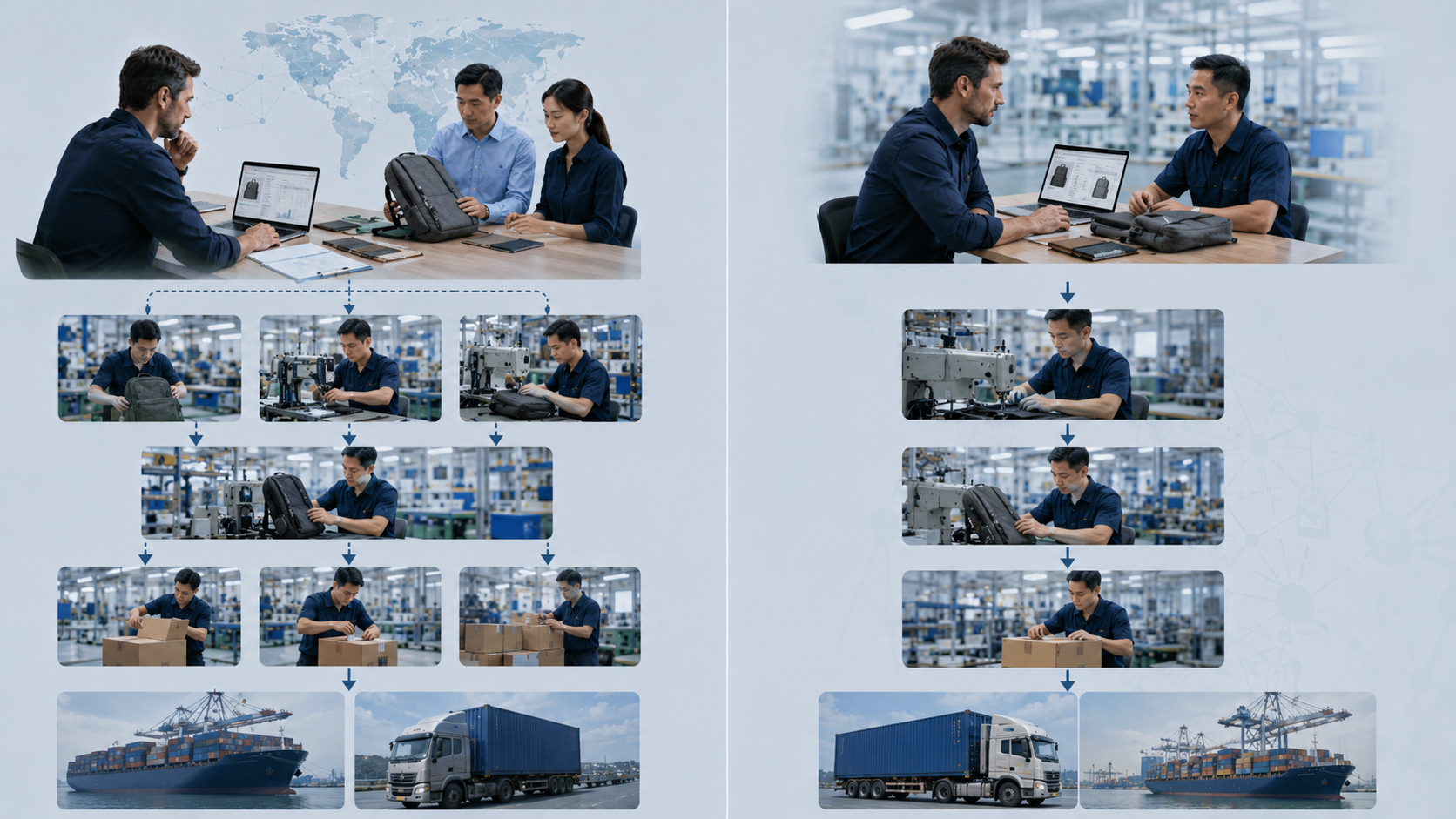 Comparison flow for direct supplier purchasing and China sourcing service support