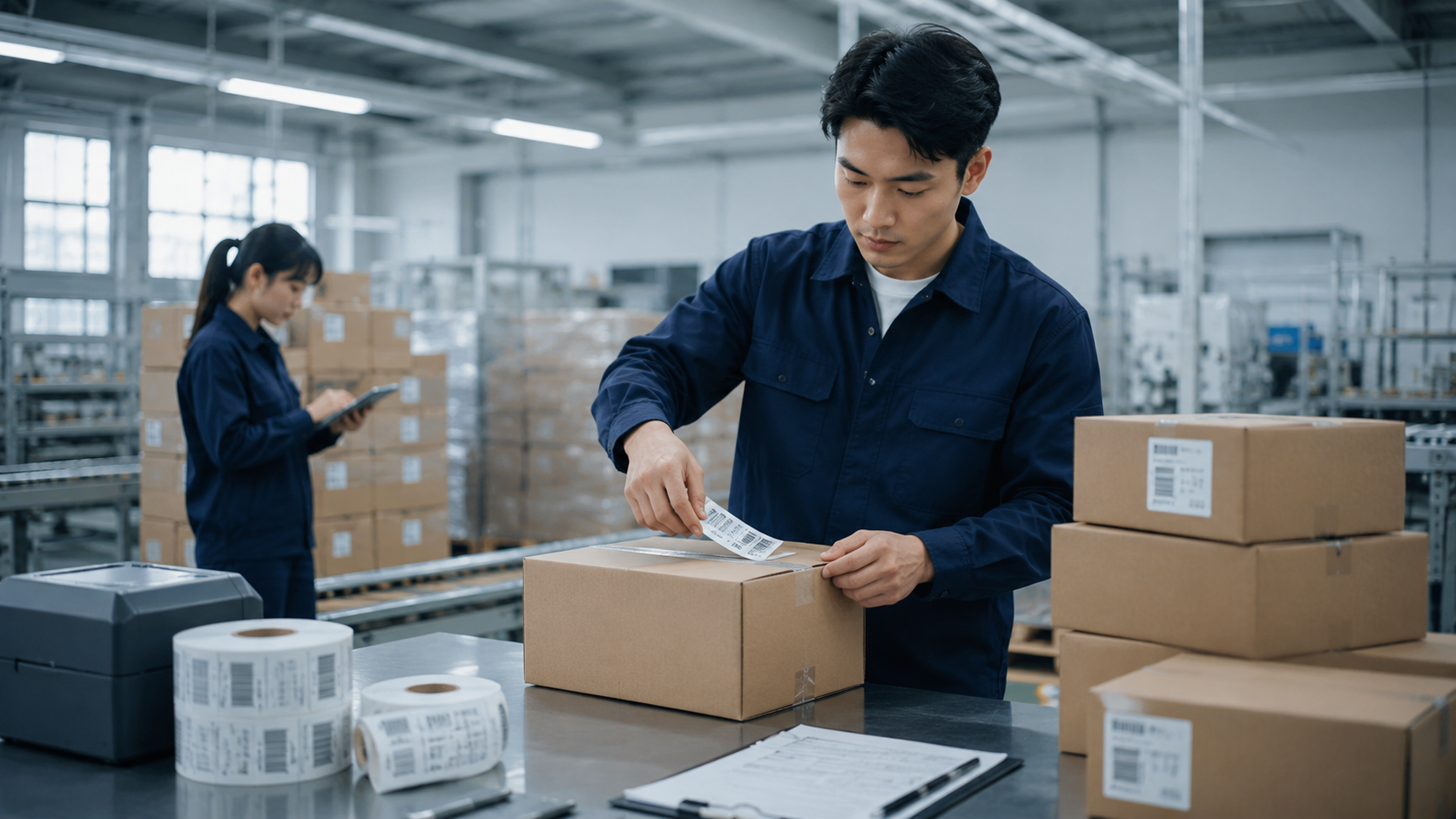 Warehouse team reviewing carton packaging and labeling details in China